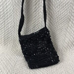 Vintage Y2K Sequin Beaded Cross Body Shoulder Bag Purse Crochet Knit Black Party